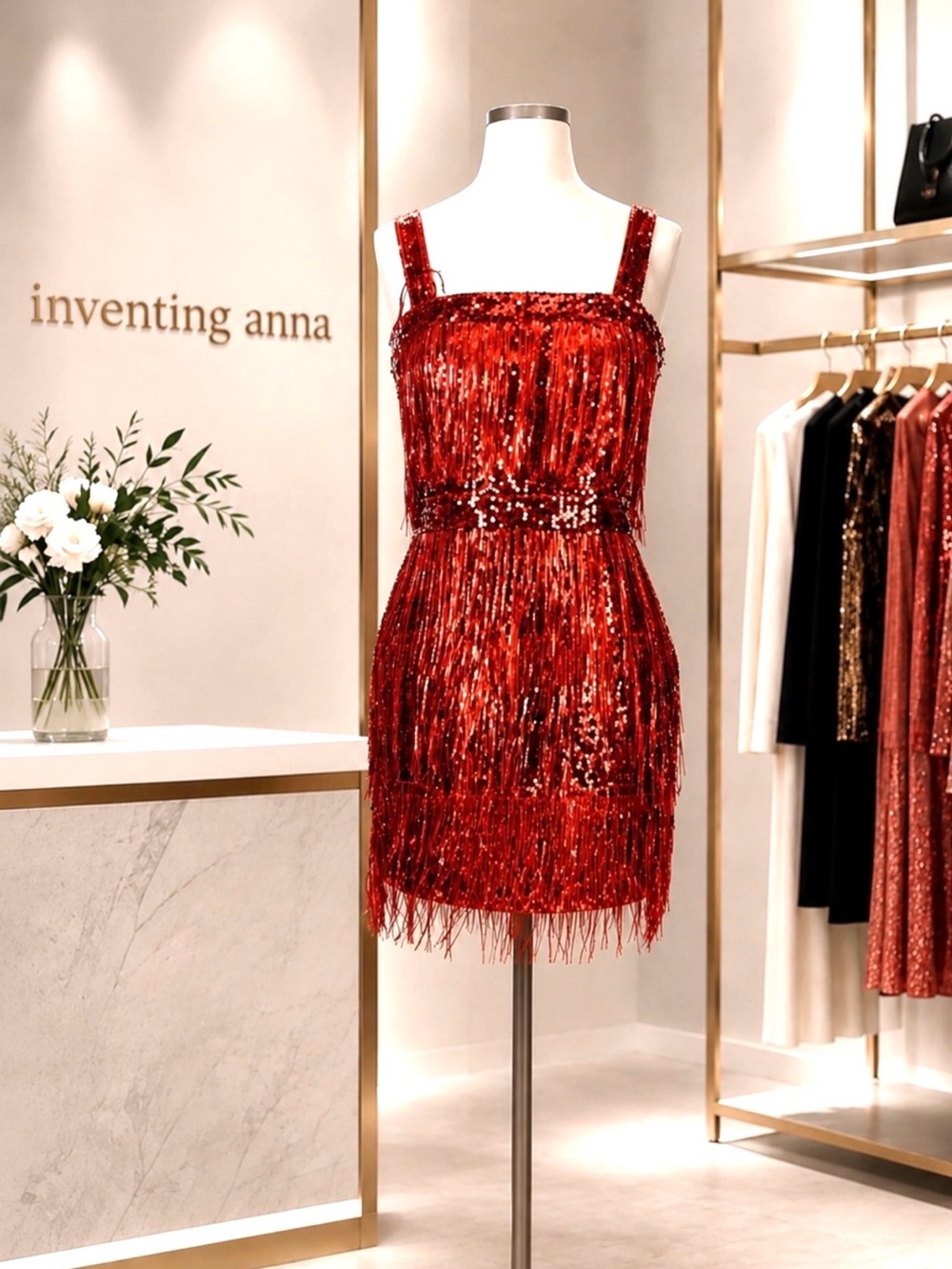 Red Sequined Fringe Flapper Style Major Party Dress Showstopper